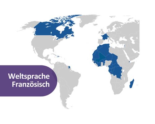 Eine Weltkarte, auf der die franz&ouml;sisch sprachigen L&auml;nder blau eingef&auml;rbt sind.