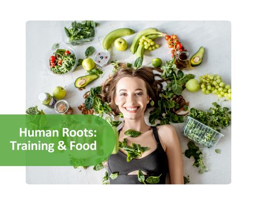 Training und Food: Eine junge Frau hebt Gewichte. In Hintergrund ist gesundes Obst und Gem&uuml;se zu sehen.