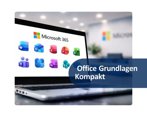 Office Grundlagen Kompakt: Laptop auf dem alle Icons der Office Anwendungen zu sehen sind.