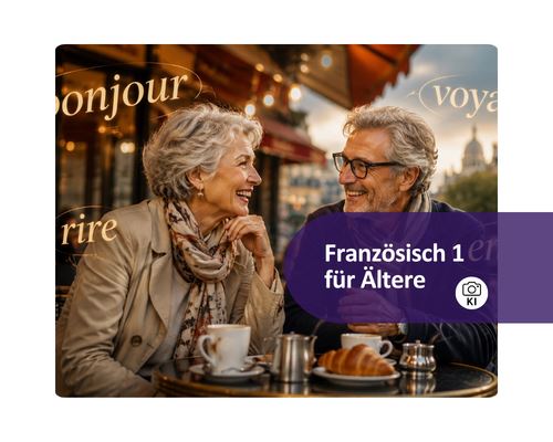 Franz&ouml;sisch von Grund auf f&uuml;r &Auml;ltere: Eine Frau und ein Mann sitzen beim Fr&uuml;hst&uuml;ck und unterhalten sich. Franz&ouml;sische Worte schweben durch die Luft.