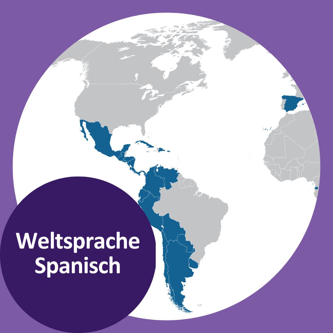 Weltkarte: L&auml;nder, in denen Spanisch Erstsprache ist, sind blau markiert, mithin neben Spanien fast ganz S&uuml;damerika.